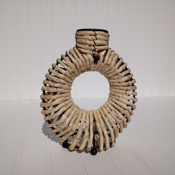 Vintage Wrought Iron Rattan Wrapped Donut Vase Boho Southwestern Candle Holder - Picture 6 of 12